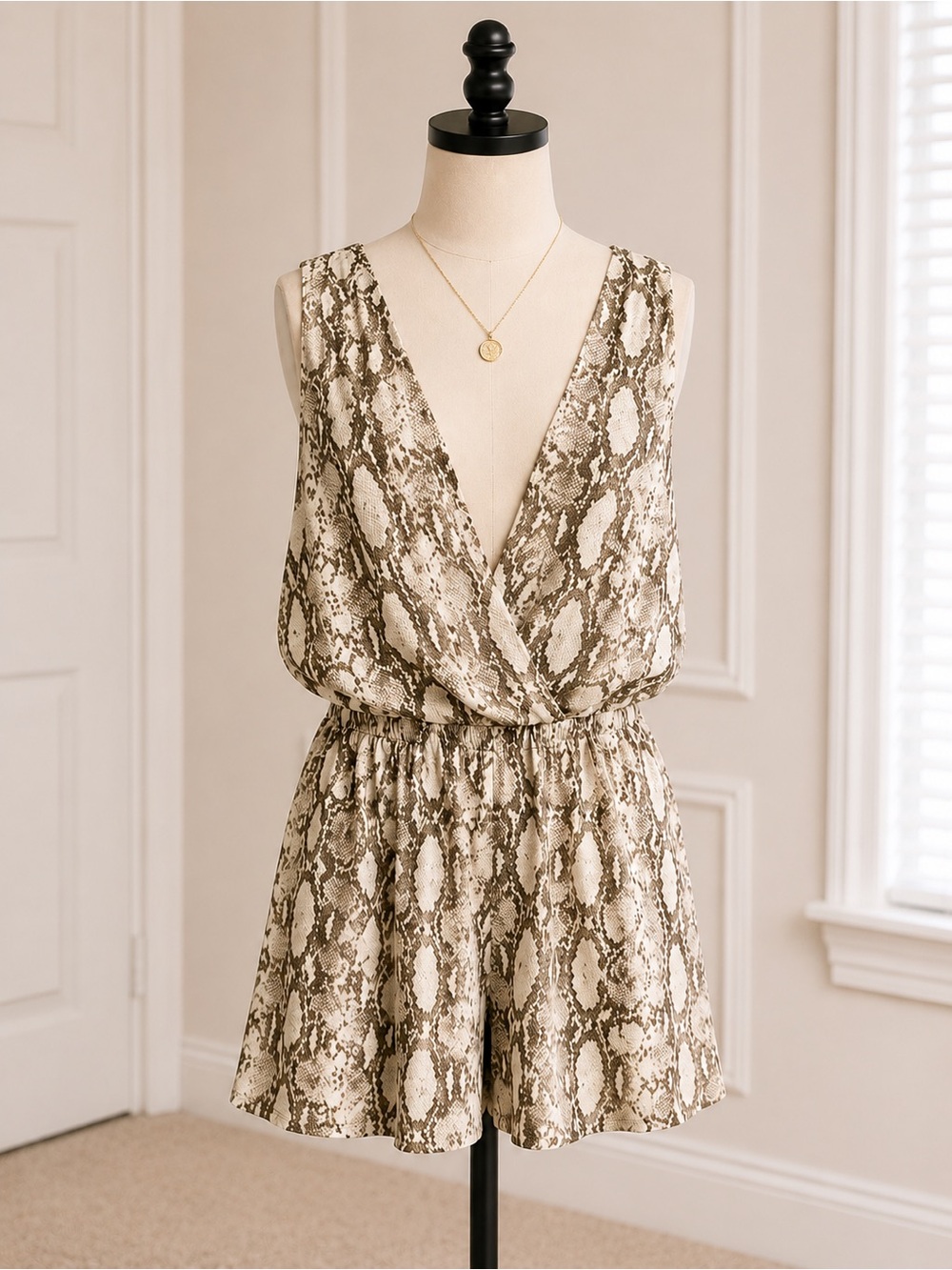Sleeveless Snake Print Romper in Taupe